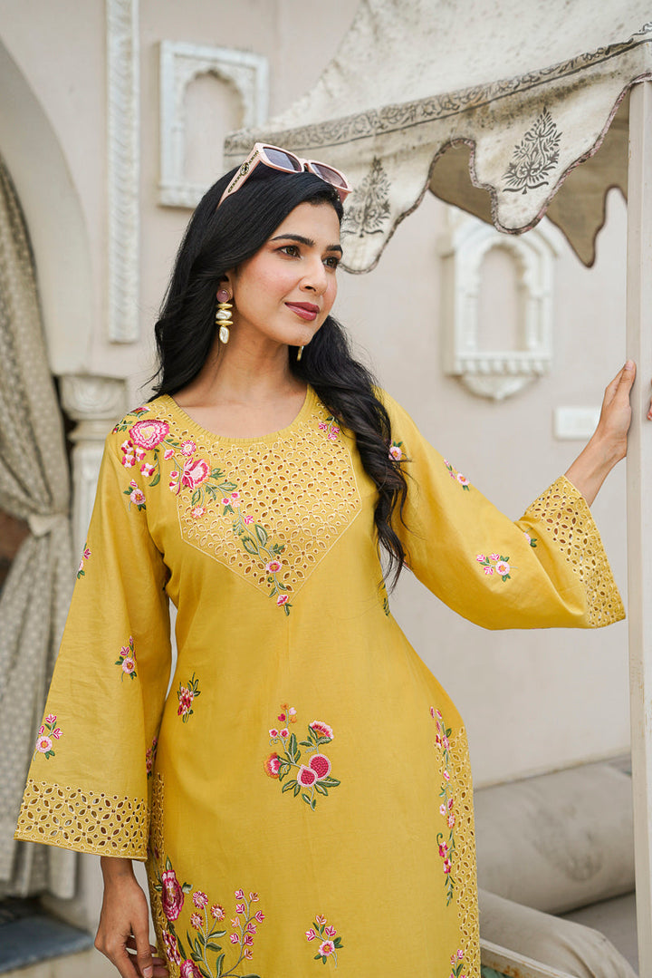 Yellow Pure Cotton Solid Embroidered Coord Sets   | SHOBITAM