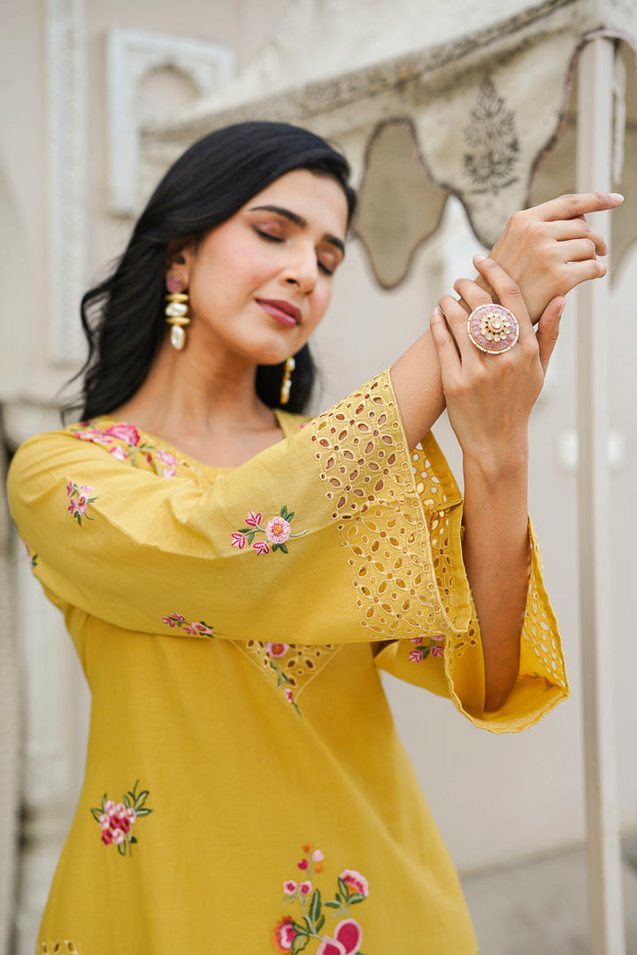 Yellow Pure Cotton Solid Embroidered Coord Sets   | SHOBITAM