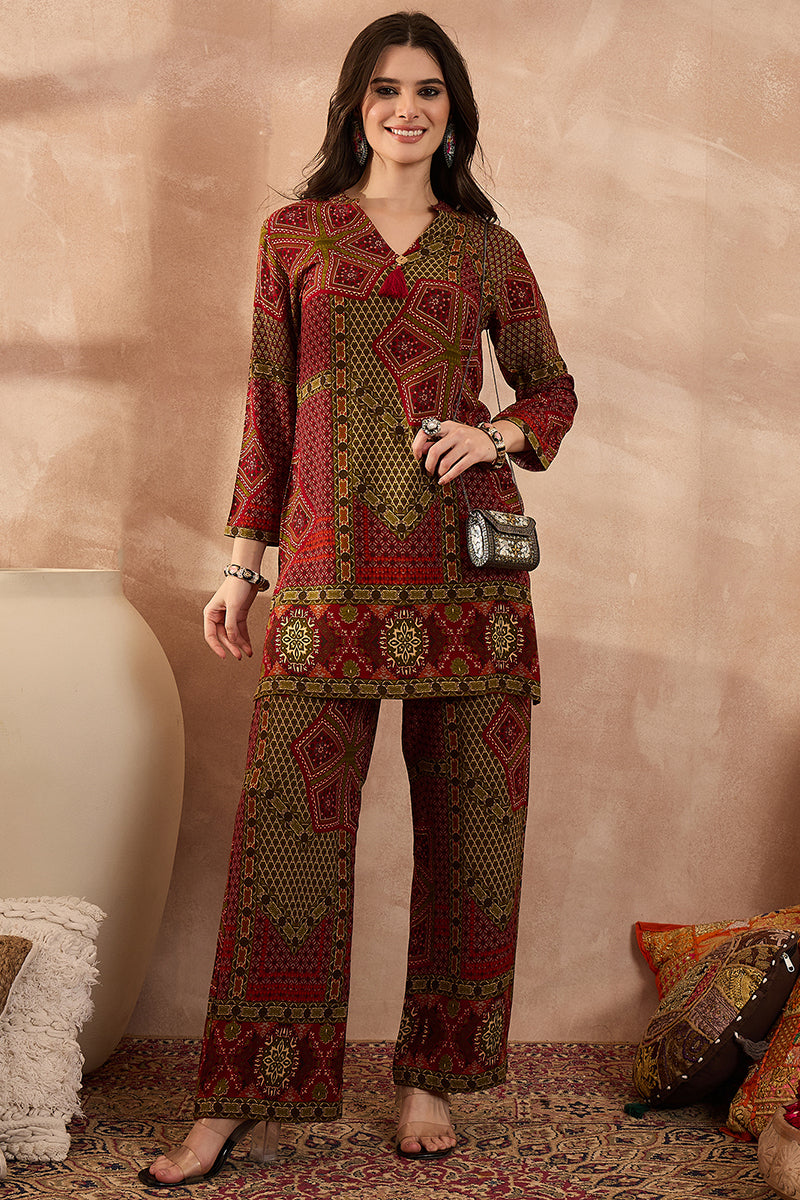 Red Viscose Rayon Printed Straight Coord Sets | SHOBITAM