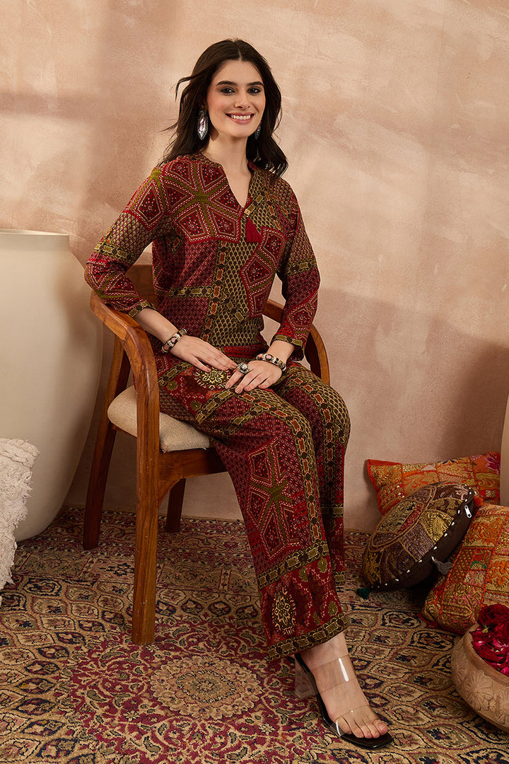 Red Viscose Rayon Printed Straight Coord Sets | SHOBITAM