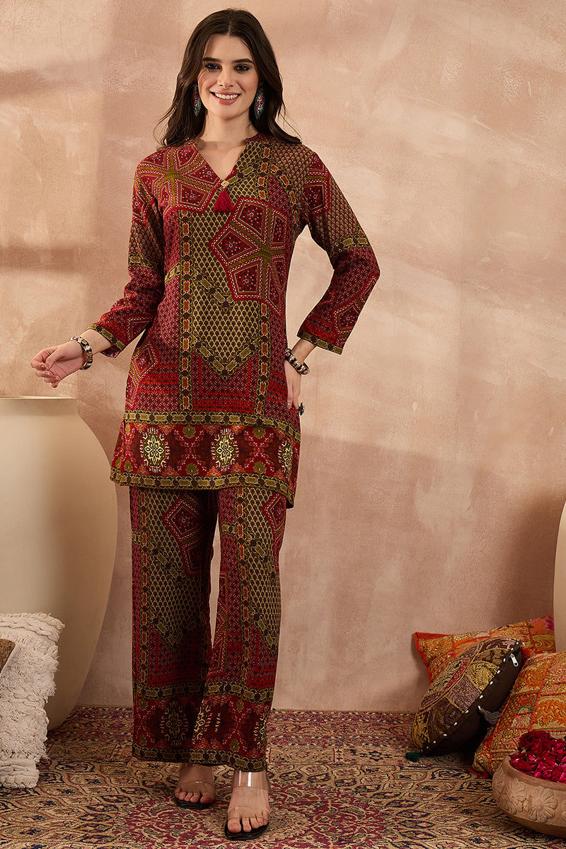 Red Viscose Rayon Printed Straight Coord Sets | SHOBITAM
