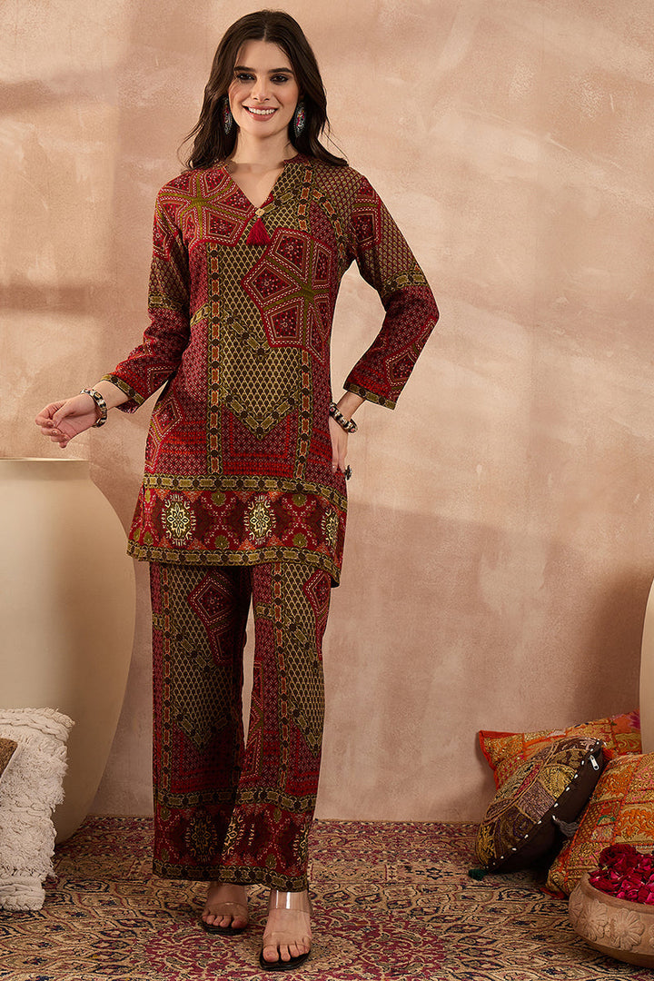 Red Viscose Rayon Printed Straight Coord Sets | SHOBITAM