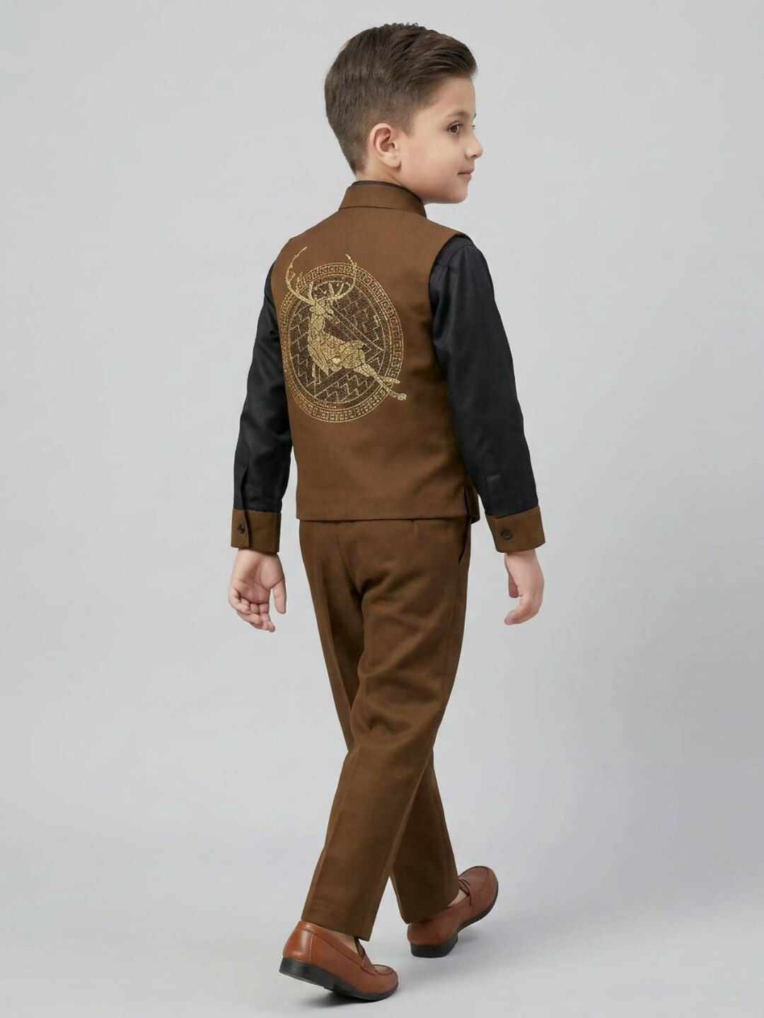 Boys Ethnic Brown & Black Waistcoat Suit Set with Shirt and Trousers | SHOBITAM