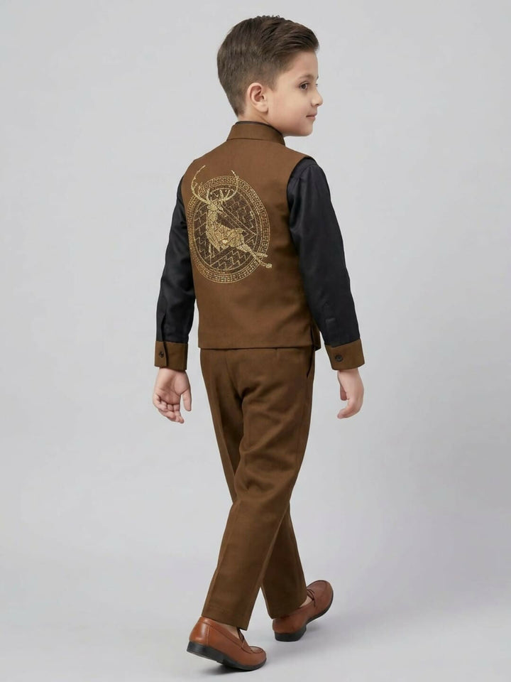 Boys Ethnic Brown & Black Waistcoat Suit Set with Shirt and Trousers | SHOBITAM