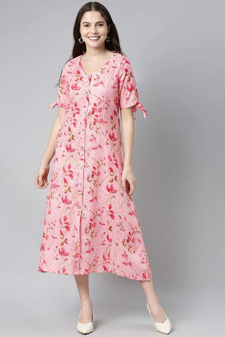Pink Cotton Floral Printed A-Line Midi Dress   | SHOBITAM