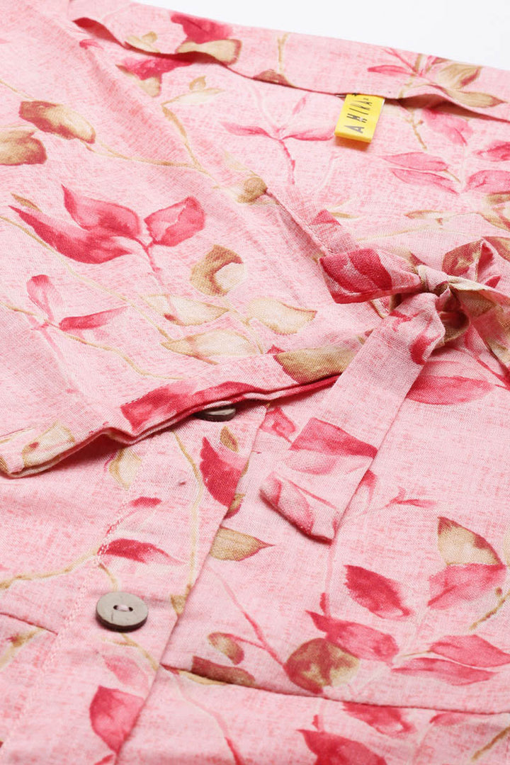 Pink Cotton Floral Printed A-Line Midi Dress   | SHOBITAM