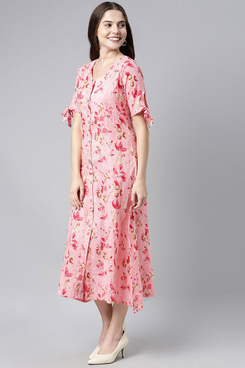 Pink Cotton Floral Printed A-Line Midi Dress   | SHOBITAM
