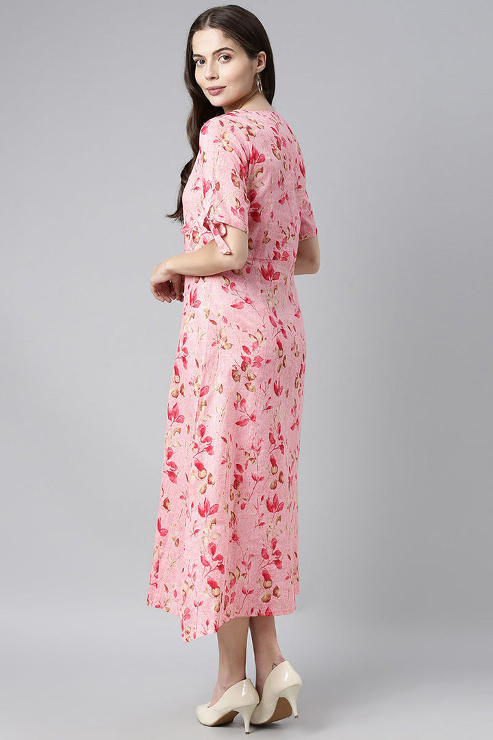 Pink Cotton Floral Printed A-Line Midi Dress   | SHOBITAM