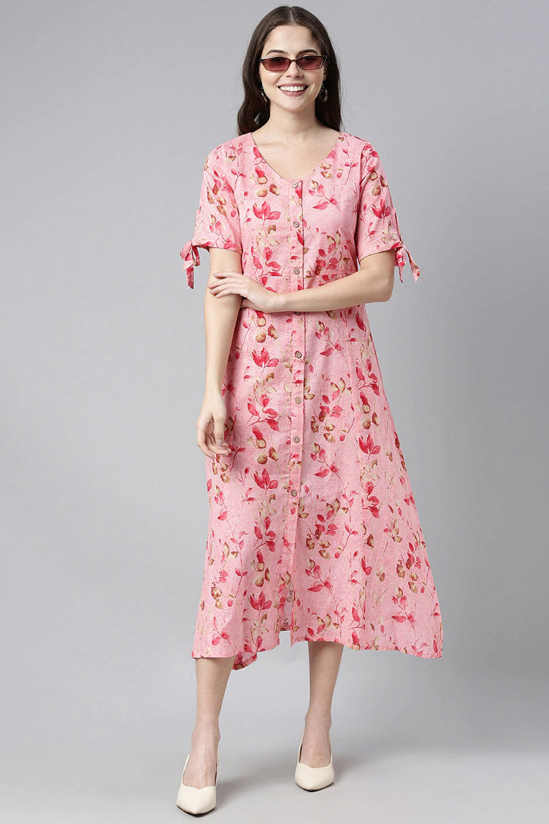 Pink Cotton Floral Printed A-Line Midi Dress   | SHOBITAM