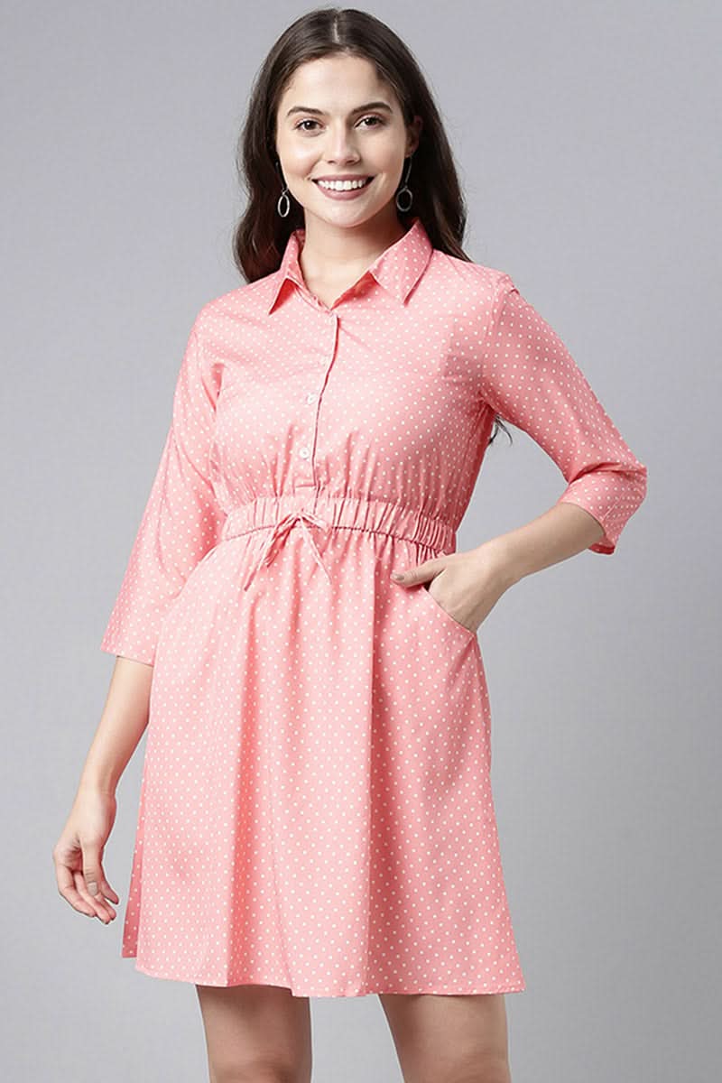 Pink Crepe Polka Dot Mini Dress  | SHOBITAM