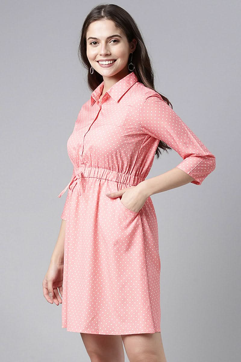 Pink Crepe Polka Dot Mini Dress  | SHOBITAM