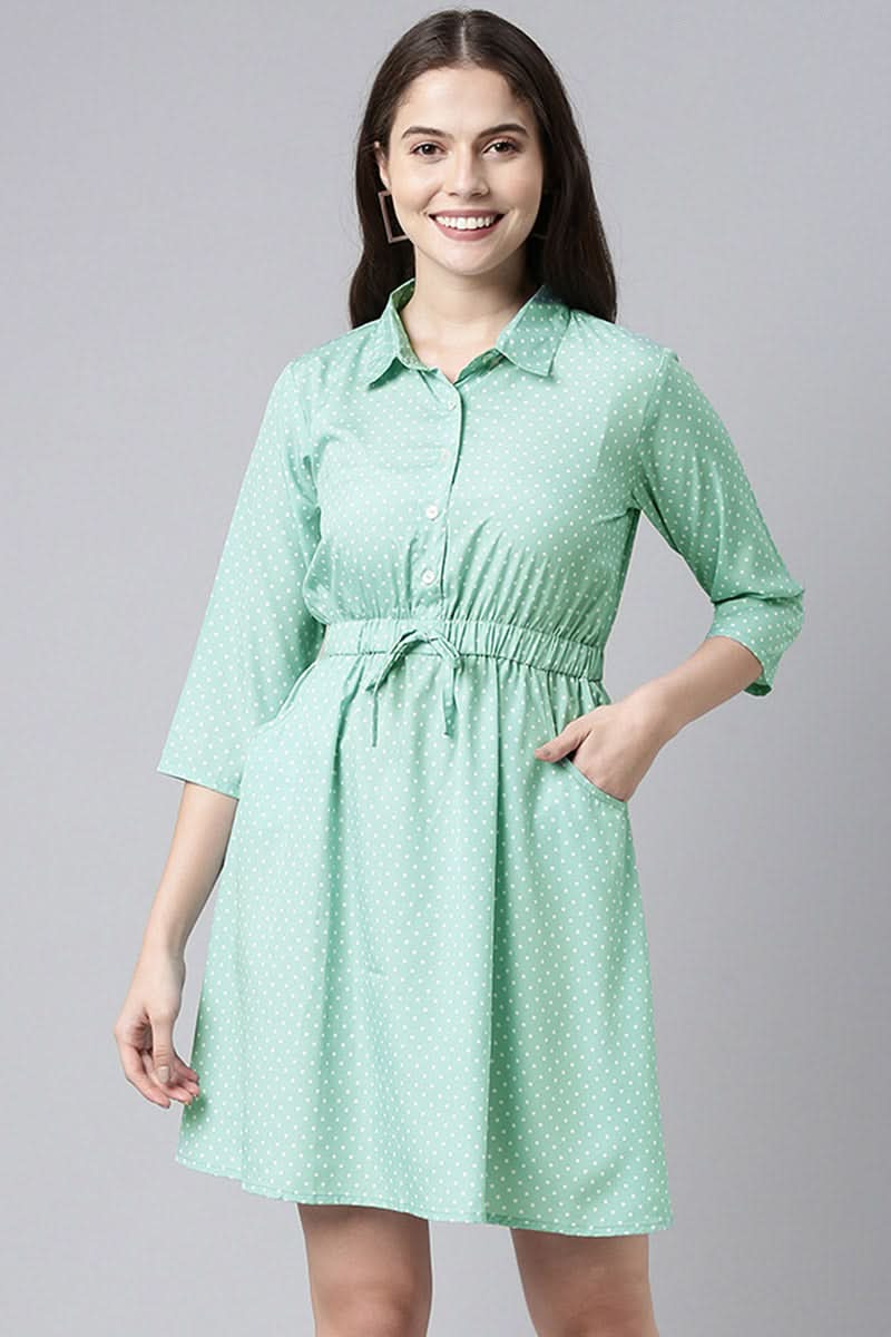 Green Crepe Polka Dot Mini Dress  | SHOBITAM