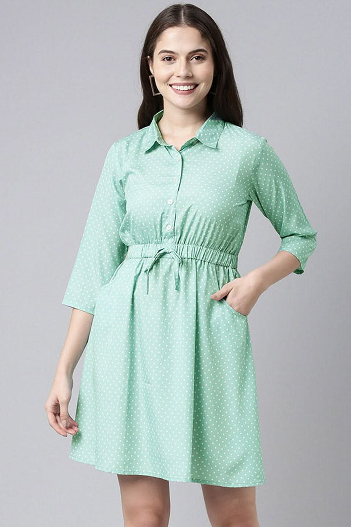 Green Crepe Polka Dot Mini Dress  | SHOBITAM