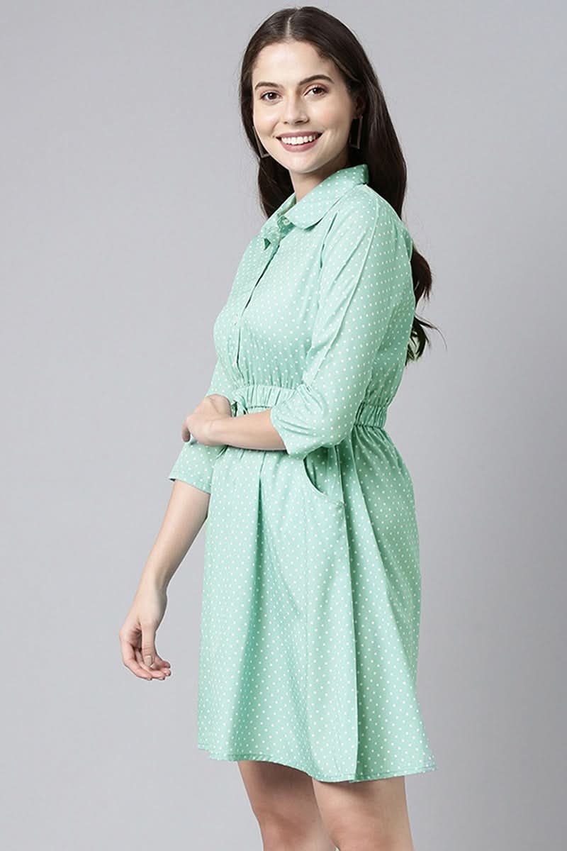 Green Crepe Polka Dot Mini Dress  | SHOBITAM