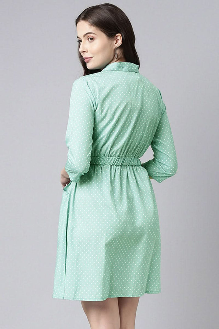 Green Crepe Polka Dot Mini Dress  | SHOBITAM