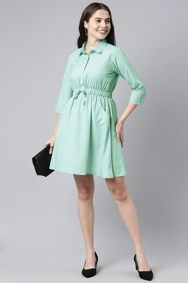 Green Crepe Polka Dot Mini Dress  | SHOBITAM