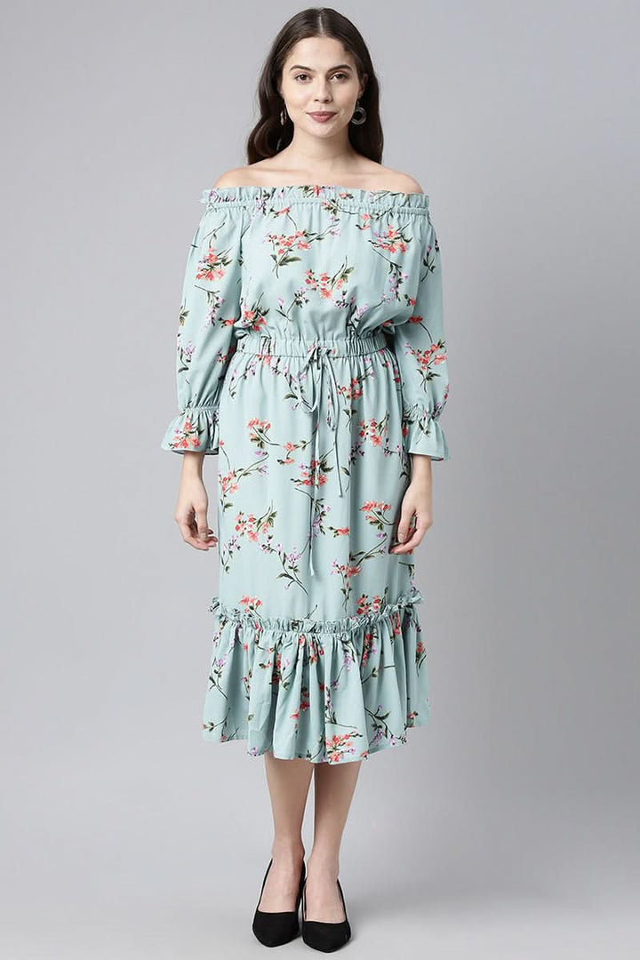 Blue Crepe Floral Print Off-Shoulder Midi Dress  | SHOBITAM