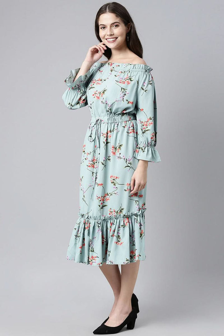 Blue Crepe Floral Print Off-Shoulder Midi Dress  | SHOBITAM
