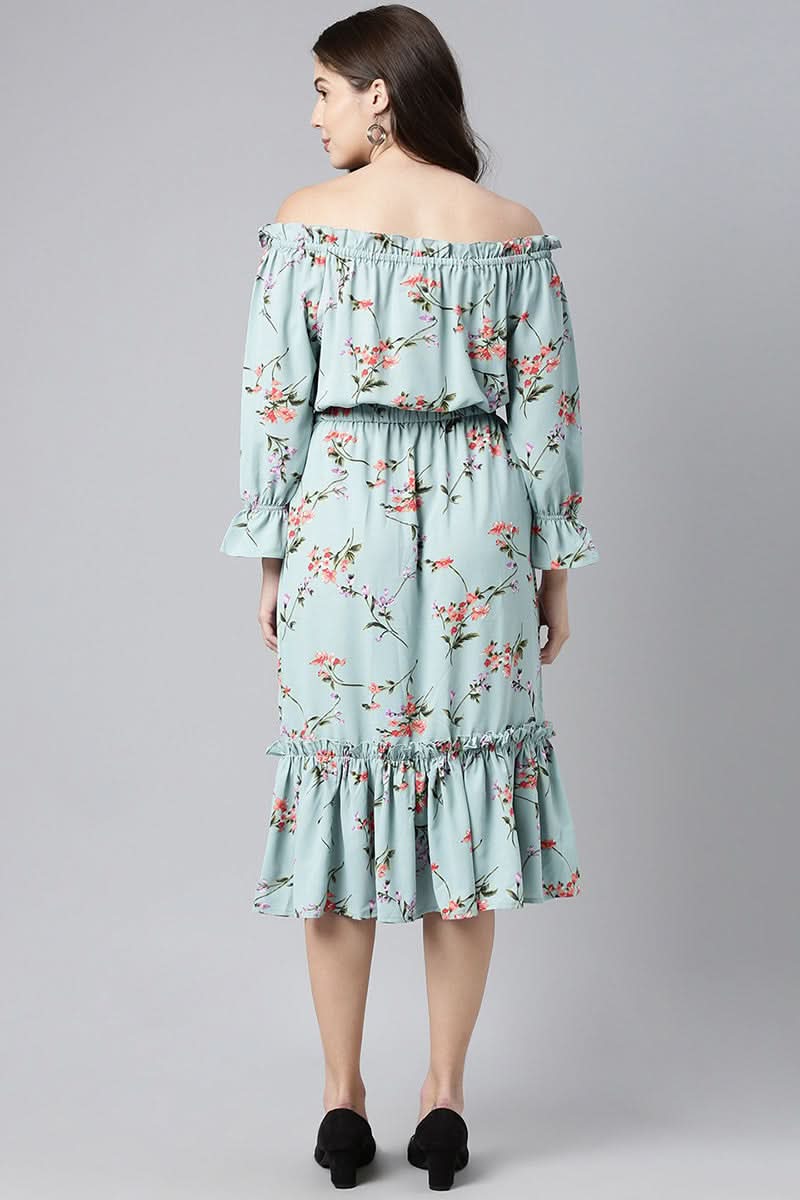 Blue Crepe Floral Print Off-Shoulder Midi Dress  | SHOBITAM