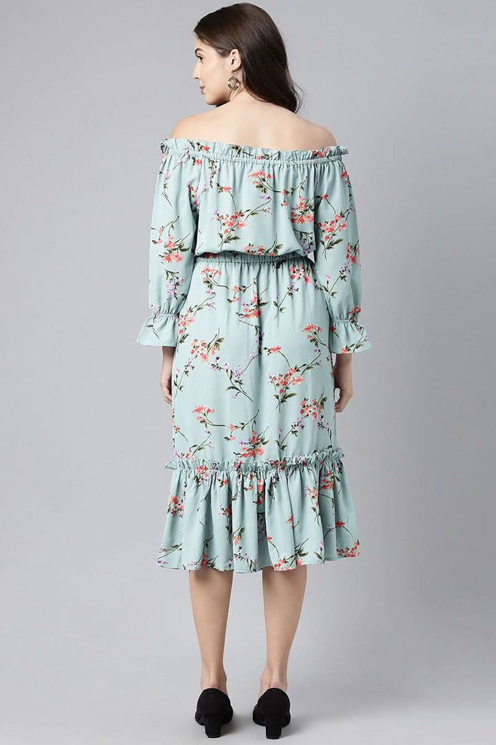Blue Crepe Floral Print Off-Shoulder Midi Dress  | SHOBITAM