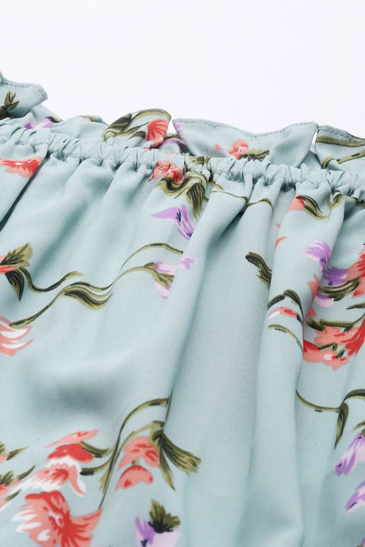 Blue Crepe Floral Print Off-Shoulder Midi Dress  | SHOBITAM