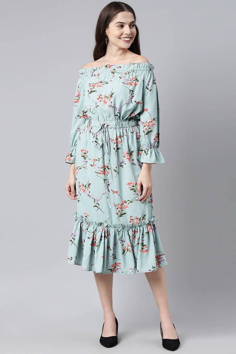 Blue Crepe Floral Print Off-Shoulder Midi Dress  | SHOBITAM