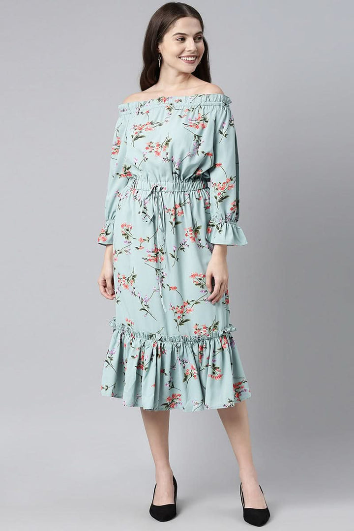 Blue Crepe Floral Print Off-Shoulder Midi Dress  | SHOBITAM