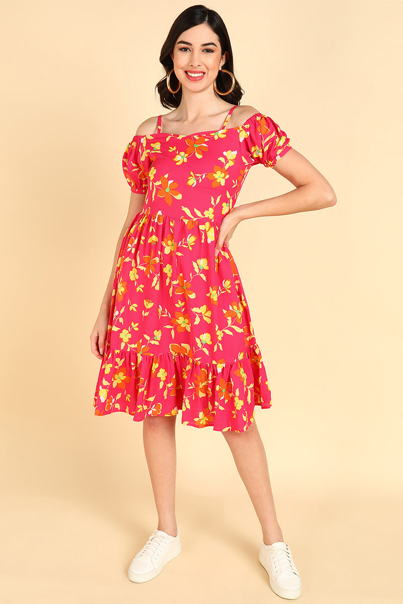 Pink Georgette Floral Printed Off Shoulder Midi Dress | SHOBITAM