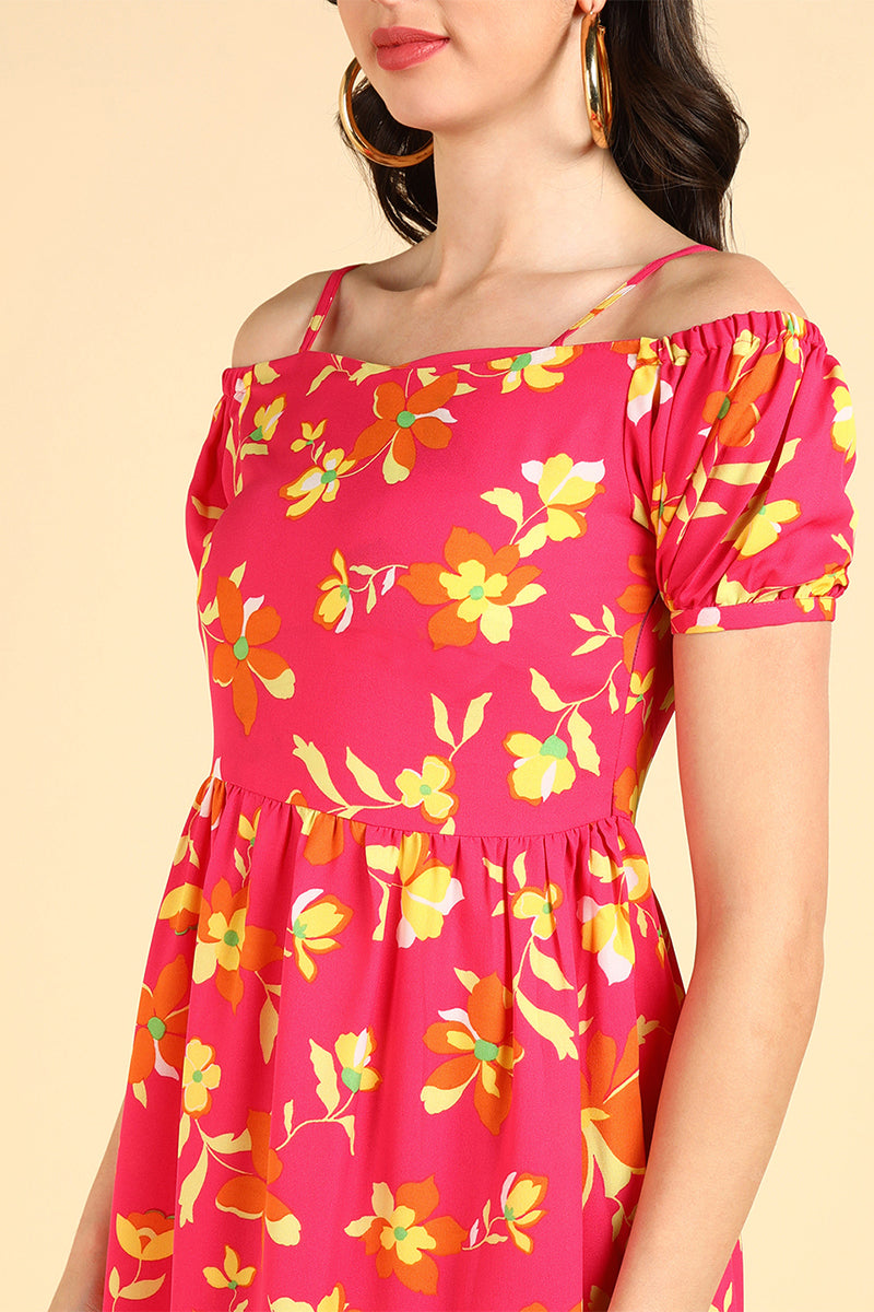 Pink Georgette Floral Printed Off Shoulder Midi Dress | SHOBITAM