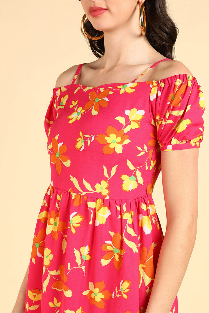 Pink Georgette Floral Printed Off Shoulder Midi Dress | SHOBITAM