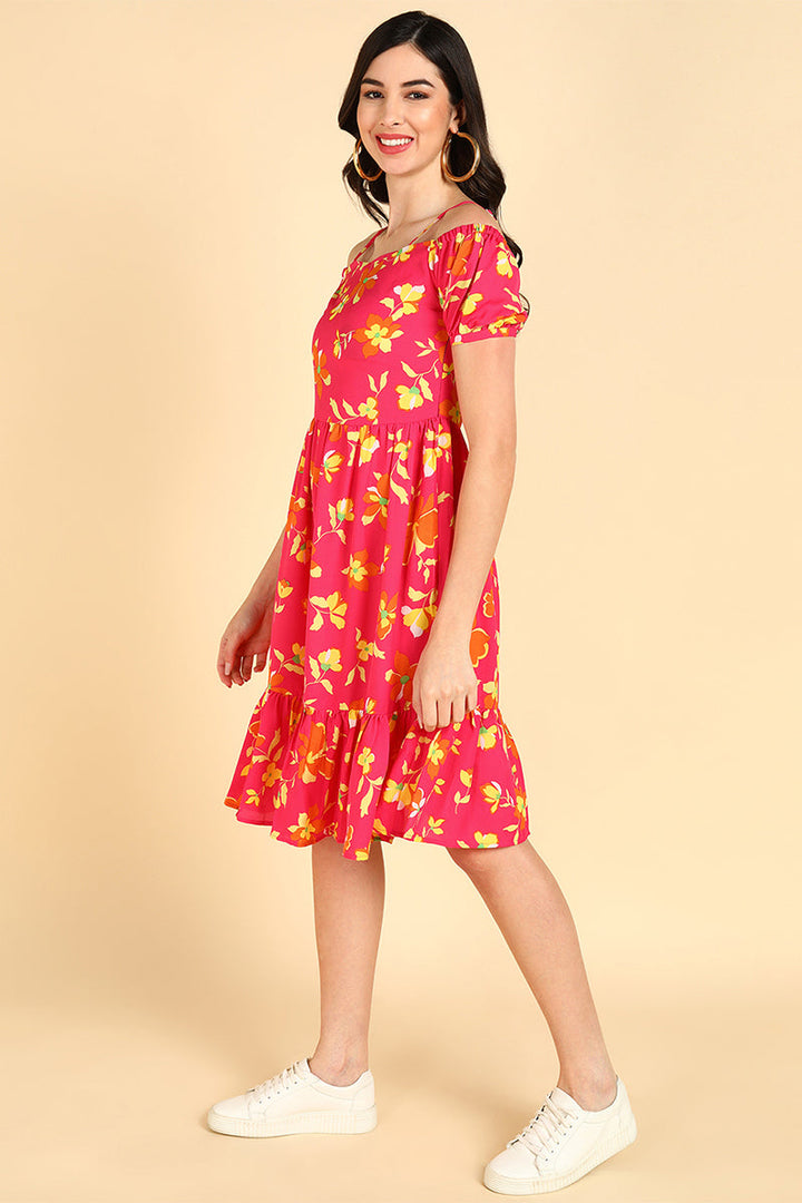Pink Georgette Floral Printed Off Shoulder Midi Dress | SHOBITAM
