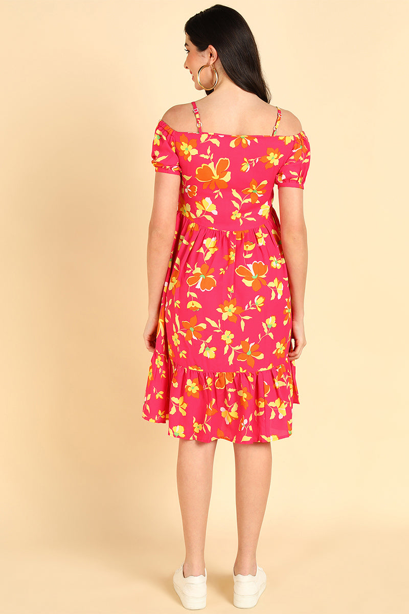 Pink Georgette Floral Printed Off Shoulder Midi Dress | SHOBITAM