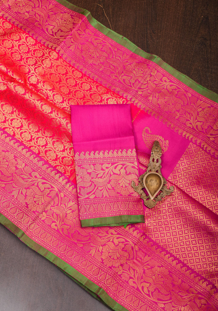 Exquisite Brocade Gadwal Silk Saree in Dual tone Orange Pink  and Zari Borders  | SILK MARK CERTIFIED