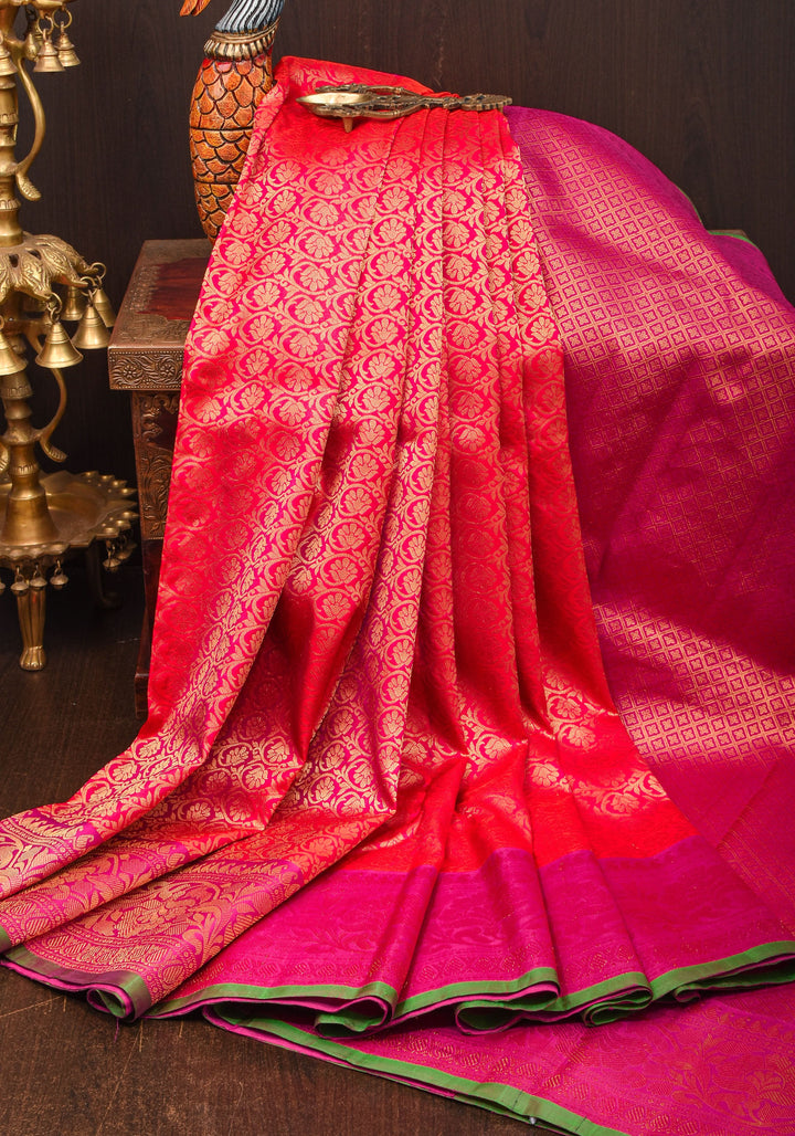 Exquisite Brocade Gadwal Silk Saree in Dual tone Orange Pink  and Zari Borders  | SILK MARK CERTIFIED