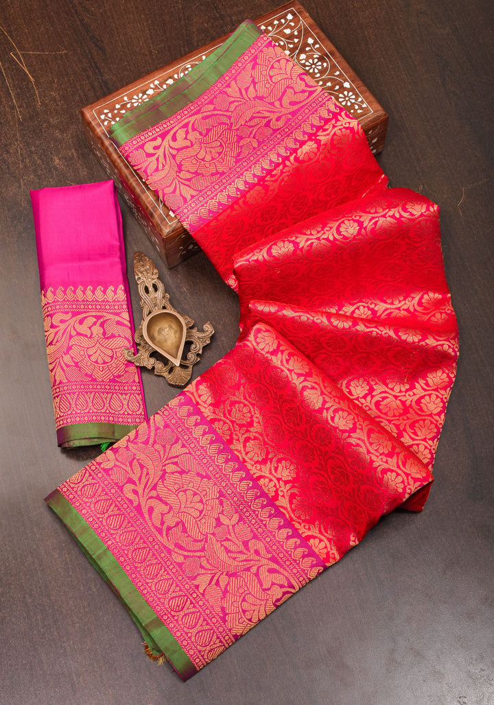 Exquisite Brocade Gadwal Silk Saree in Dual tone Orange Pink  and Zari Borders  | SILK MARK CERTIFIED