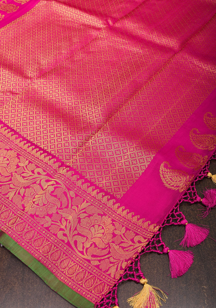 Exquisite Brocade Gadwal Silk Saree in Dual tone Orange Pink  and Zari Borders  | SILK MARK CERTIFIED