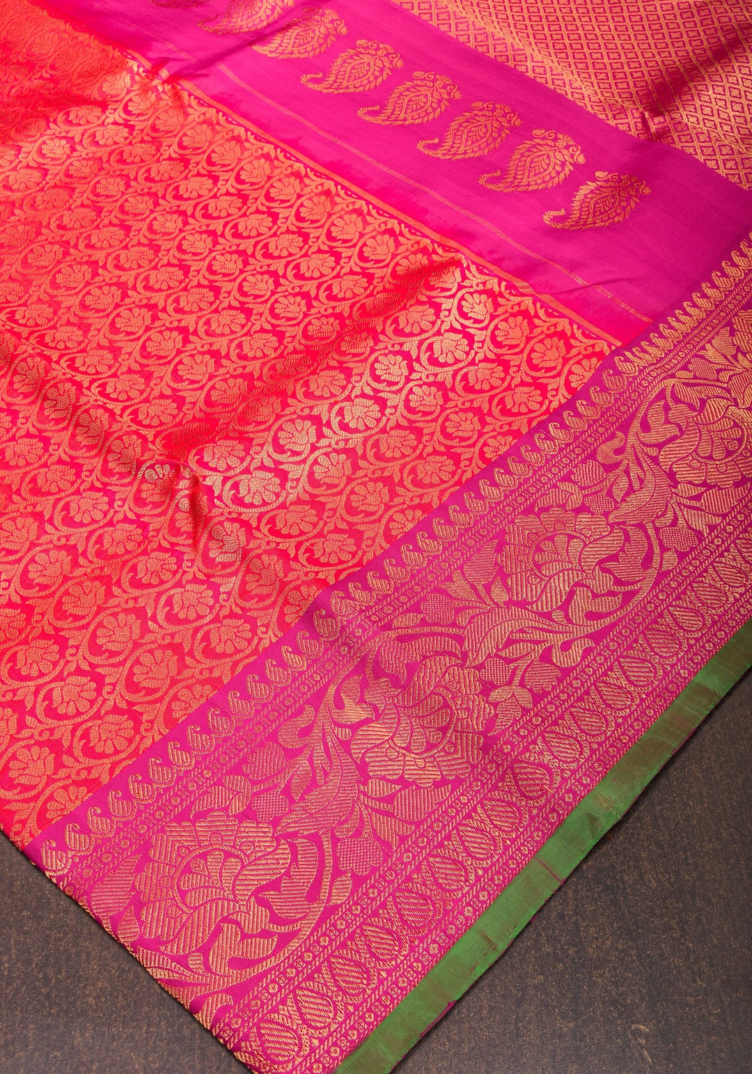 Exquisite Brocade Gadwal Silk Saree in Dual tone Orange Pink  and Zari Borders  | SILK MARK CERTIFIED