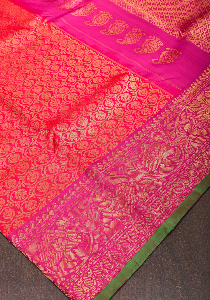 Exquisite Brocade Gadwal Silk Saree in Dual tone Orange Pink  and Zari Borders  | SILK MARK CERTIFIED