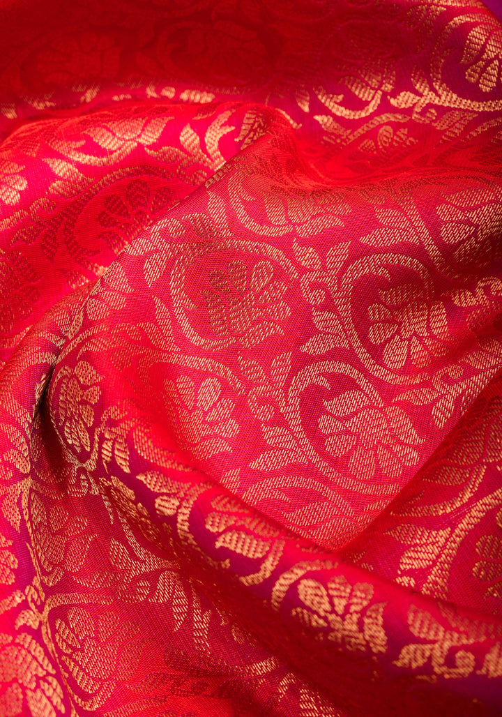 Exquisite Brocade Gadwal Silk Saree in Dual tone Orange Pink  and Zari Borders  | SILK MARK CERTIFIED