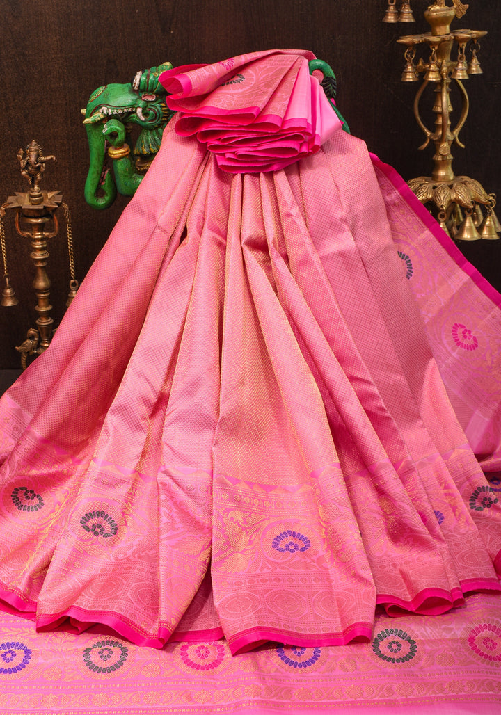 Lotus Pink Brocade Gadwal Silk Saree with 2 side Meenakari Borders | SILK MARK CERTIFIED