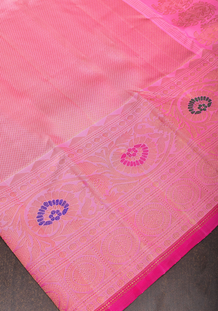 Lotus Pink Brocade Gadwal Silk Saree with 2 side Meenakari Borders | SILK MARK CERTIFIED