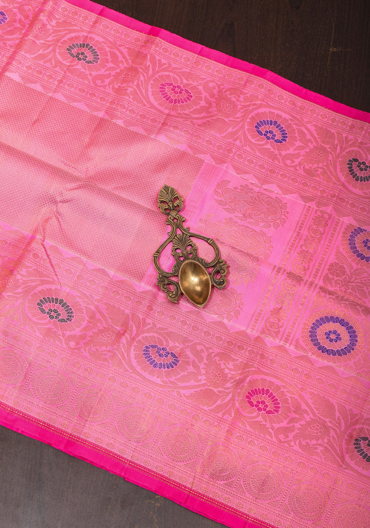 Lotus Pink Brocade Gadwal Silk Saree with 2 side Meenakari Borders | SILK MARK CERTIFIED