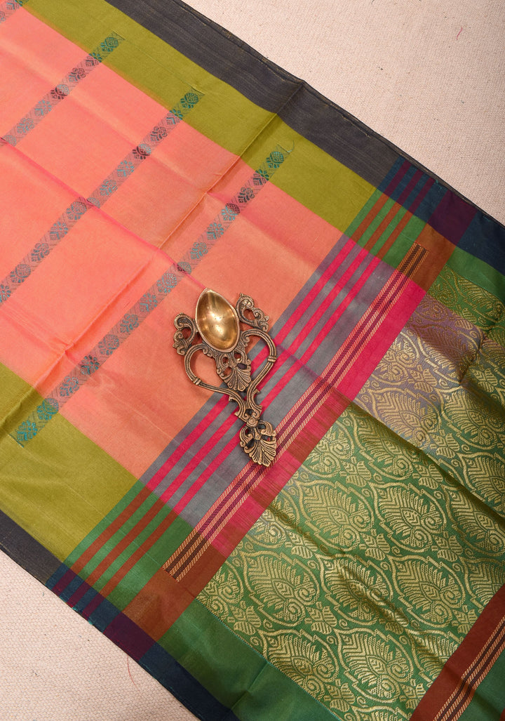 Vegan Silk Handloom Saree in Peach Dual Tone with Green Contrast, No Blouse piece