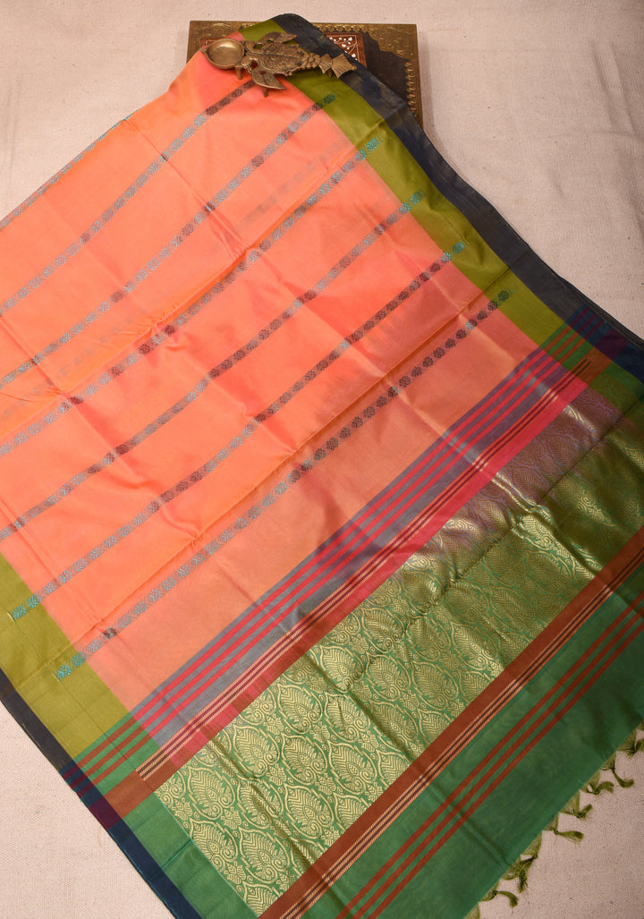 Vegan Silk Handloom Saree in Peach Dual Tone with Green Contrast, No Blouse piece
