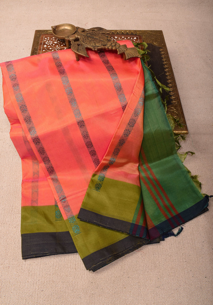 Vegan Silk Handloom Saree in Peach Dual Tone with Green Contrast, No Blouse piece