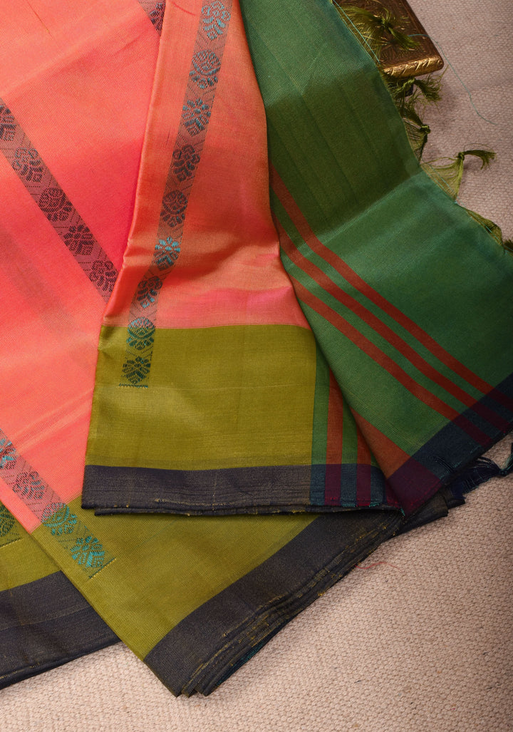 Vegan Silk Handloom Saree in Peach Dual Tone with Green Contrast, No Blouse piece
