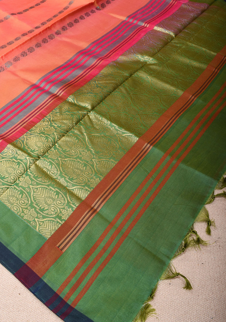 Vegan Silk Handloom Saree in Peach Dual Tone with Green Contrast, No Blouse piece