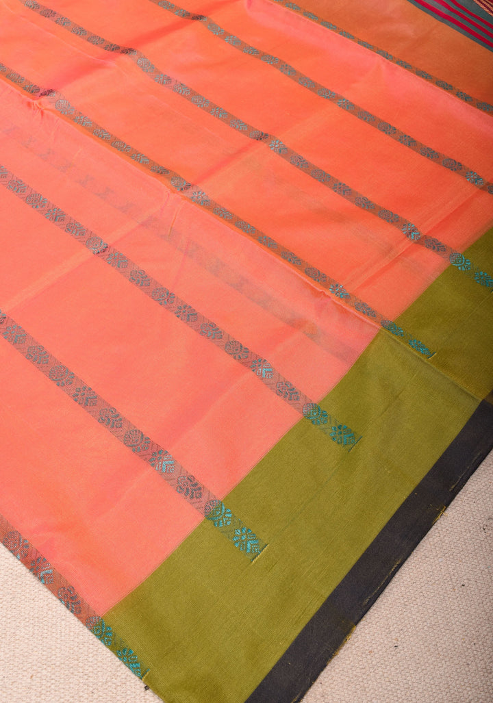 Vegan Silk Handloom Saree in Peach Dual Tone with Green Contrast, No Blouse piece