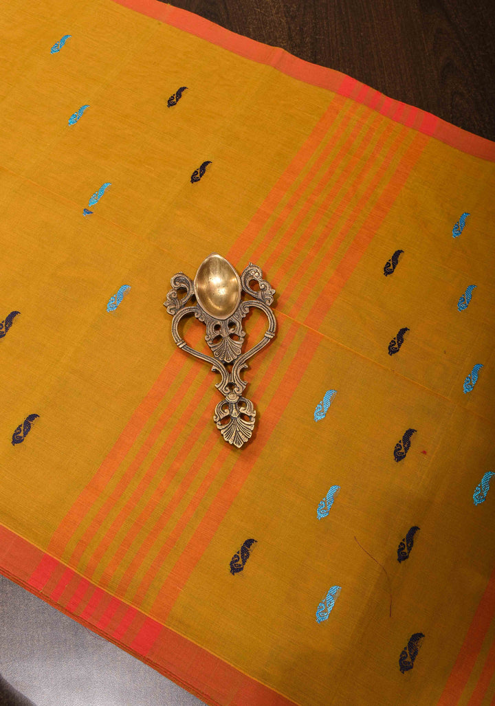 Kenaf Cotton Vegan Handloom Saree in Shades of Carrot Orange