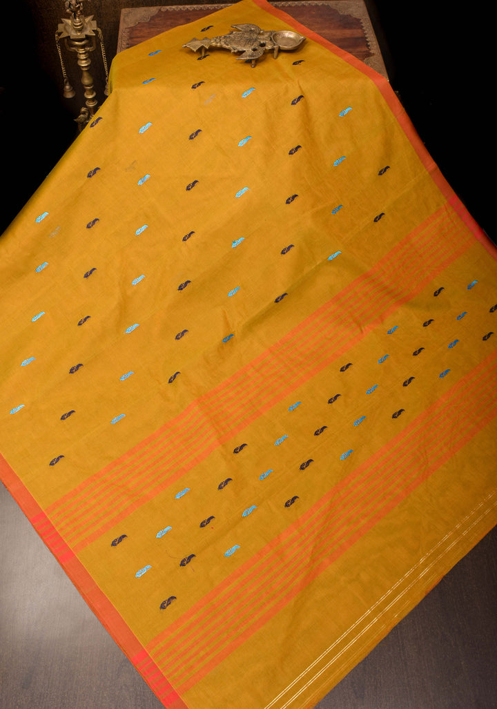 Kenaf Cotton Vegan Handloom Saree in Shades of Carrot Orange